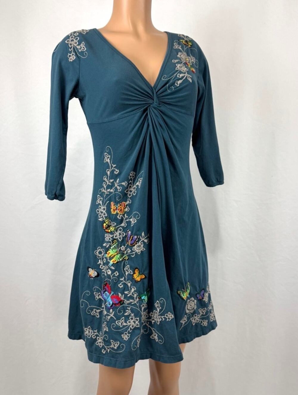 Johnny Was Twist Front Butterfly Embroidered Dress 100% cotton boho butterflies